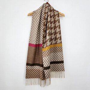 Reversible Houndstooth Stripe Pattern Beige Scarf Fringe Fall Fashion Cozy Soft
